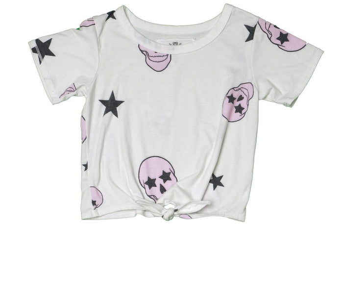 T2LOVE- SHORT SLEEVE TIE FRONT TEE  PINK SKULL (Off White)