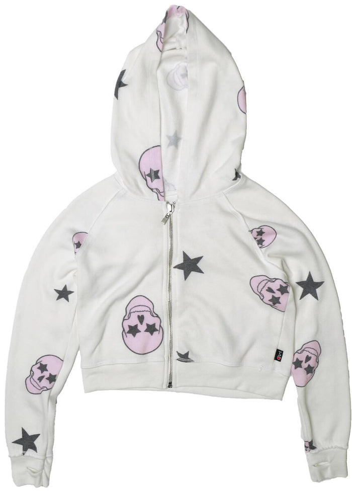 T2LOVE- L/S  ZIP HOODY WITH THUMBHOLE PINK SKULL (Off White)