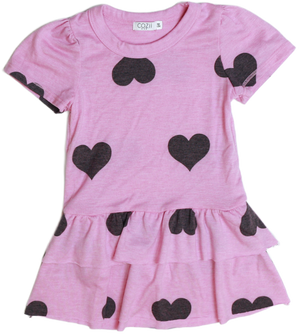 Cozii- Black Hearts Puff Sleeve Ruffle Dress (Pink)