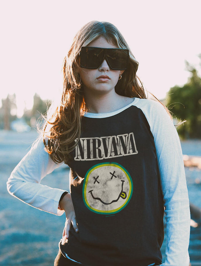 Rowdy Sprout- NIRVANA SMILEY LS RAGLAN TEE (V. WHITE / V. BLACK)