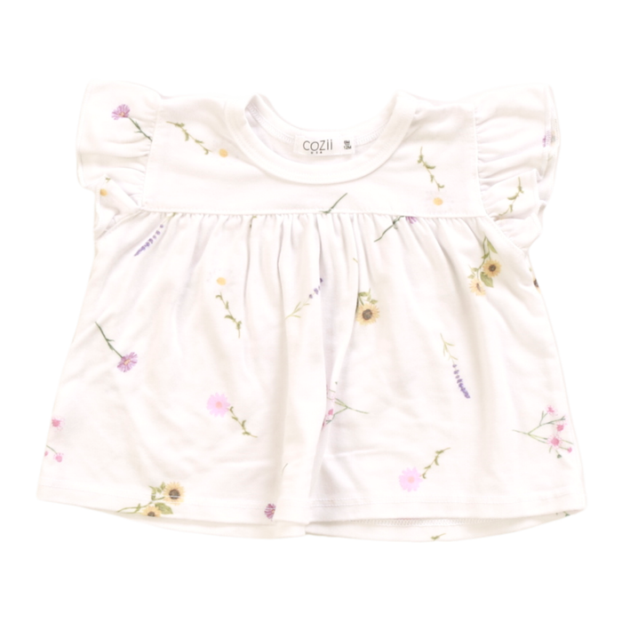 Cozii- Wild Flower Baby Doll Flutter Sleeve Top  (white)