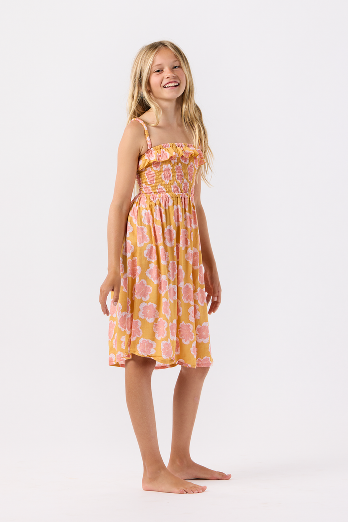 Tiare Hawaii- Kids Pearl Dress (Kahala Hibiscus Gold)