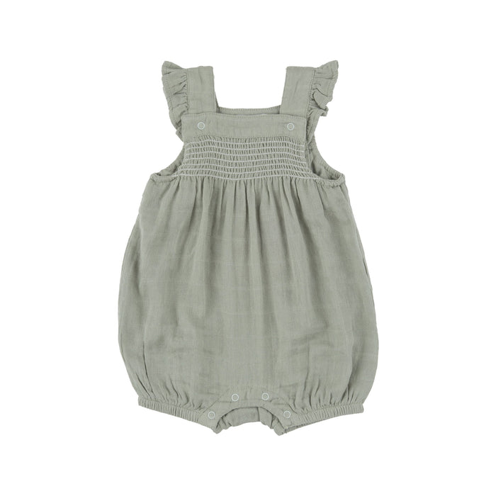 ANGEL DEAR- SMOCKED FRONT OVERALL SHORTIE - DESERT SAGE SOLID MUSLIN