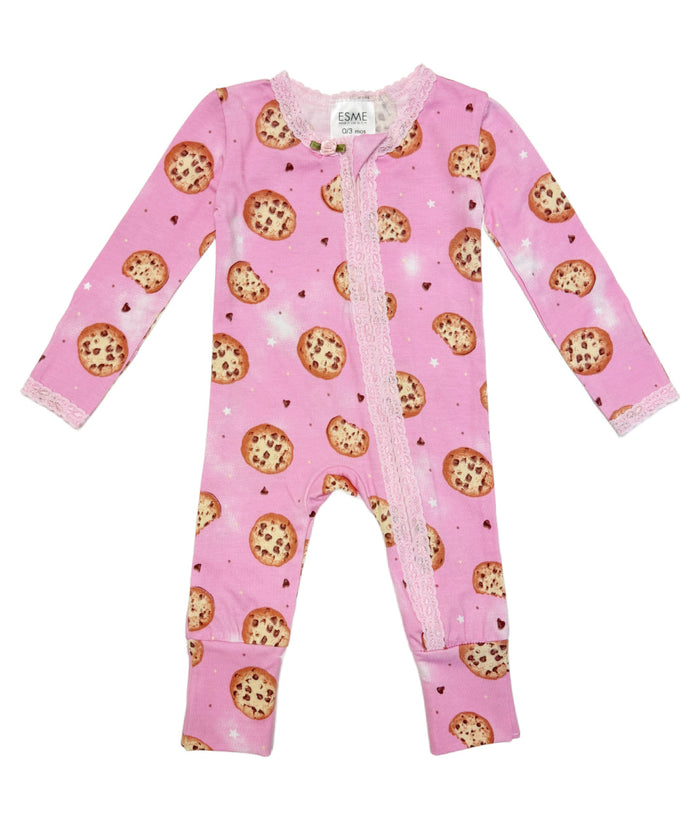 esme- Bubblegum Cookie Lace Trim Flip Footie