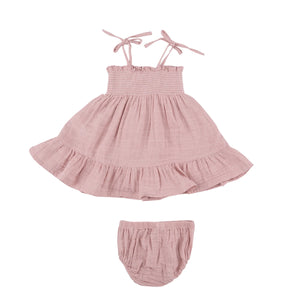 ANGEL DEAR- TIE STRAP SMOCKED SUN DRESSS DIAPER COVER - DUSTY PINK SOLID MUSLIN