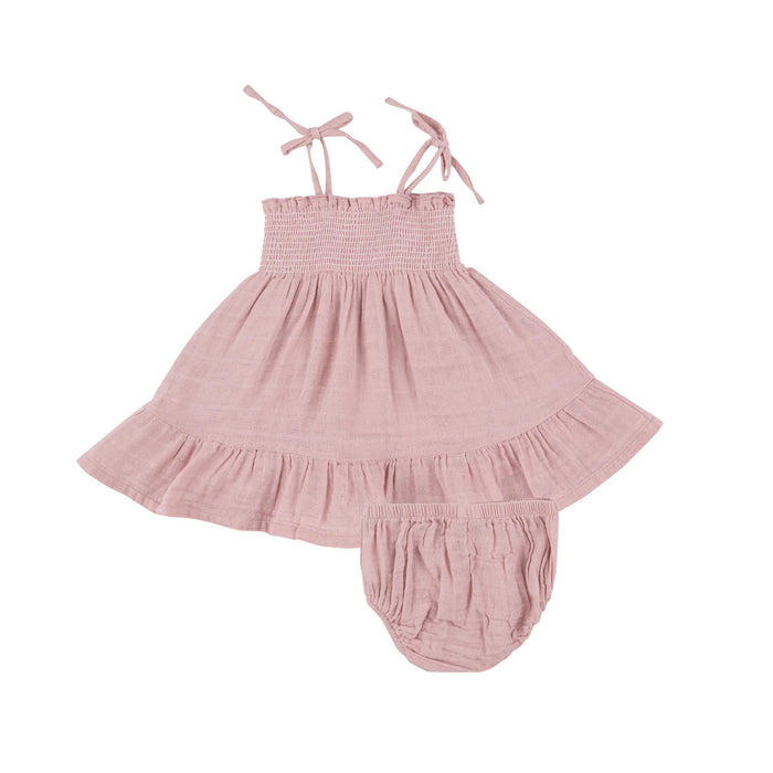 ANGEL DEAR- TIE STRAP SMOCKED SUN DRESSS DIAPER COVER - DUSTY PINK SOLID MUSLIN