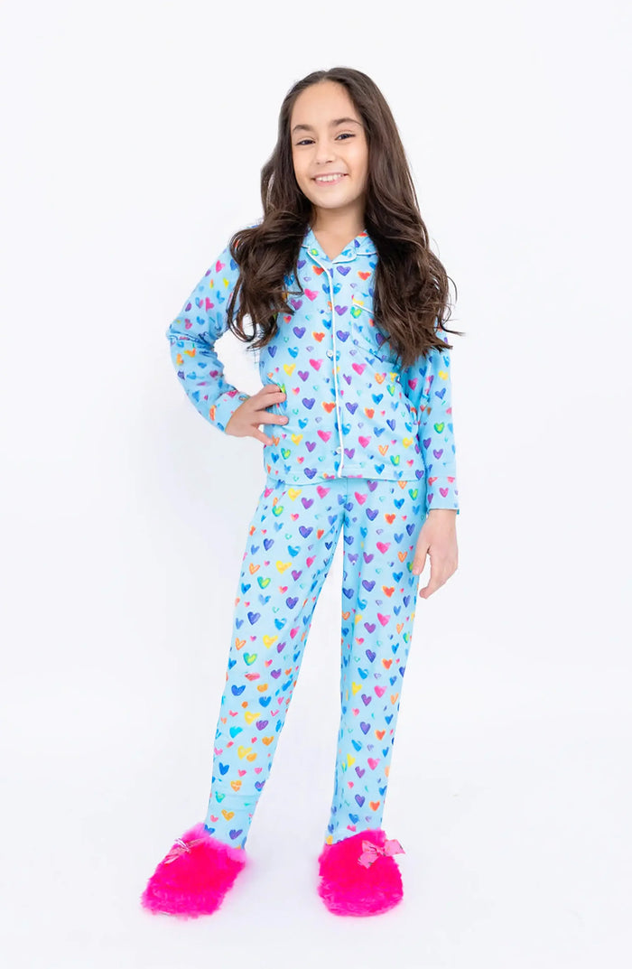 PREPPY GOOSE- Watercolor Hearts Long Sleeve Jersey Pajama Pant Set