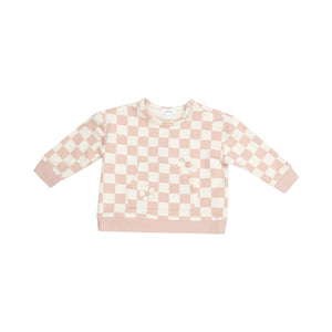 Angel Dear- Sweatshirt W/ Shoulder Placket + Kanga Pocket - Checkerboard Pink