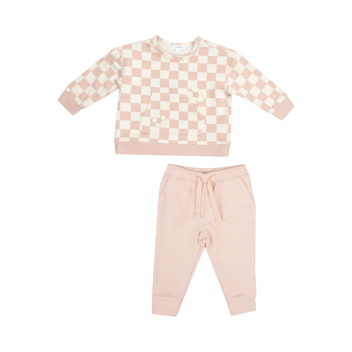 Angel Dear- Sweatshirt W/ Shoulder Placket + Kanga Pocket - Checkerboard Pink