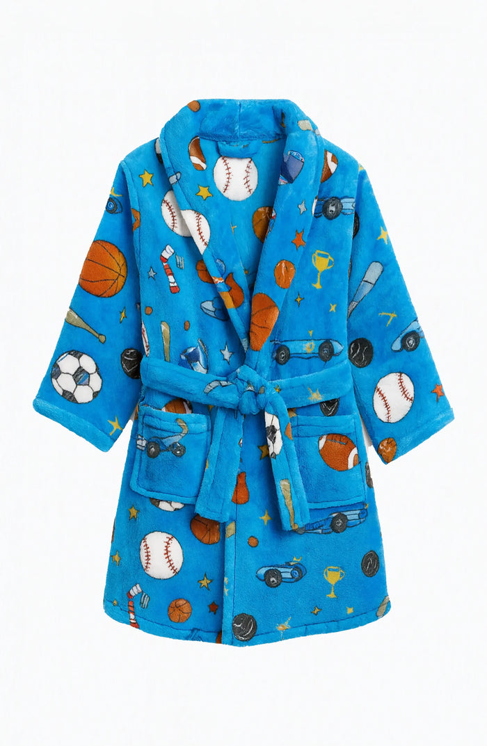 PREPPY GOOSE- Boys Blue Sports Print Plush Robe