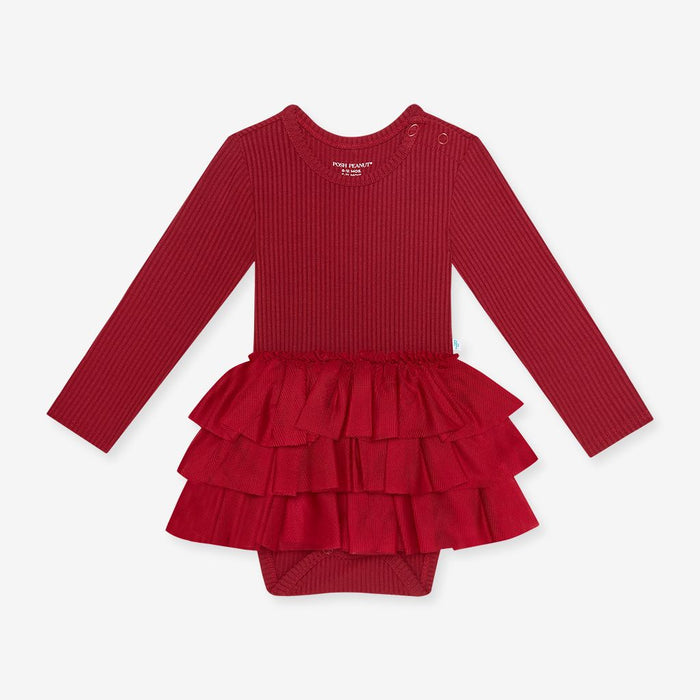 Posh Peanut - Dark Red Ribbed Long Sleeve Tulle Skirt Bodysuit