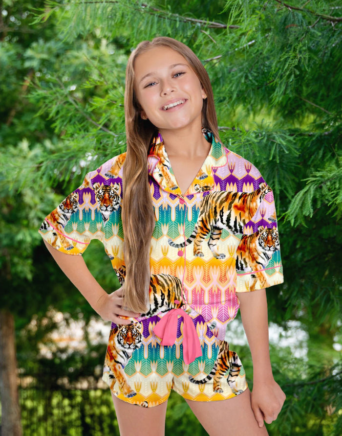 Sunshine Society- Kids Silky Tiger Royale Short Sleeve Short Set