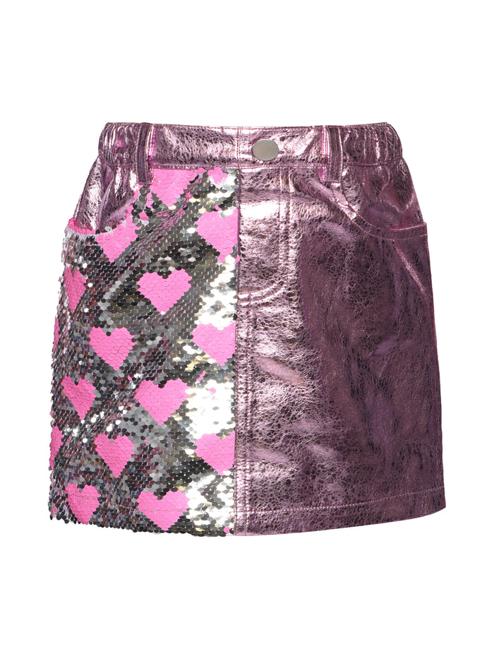 Baby Sara- Heart Sequin Mini Skirt W/ Metallic Faux Leather Contrast