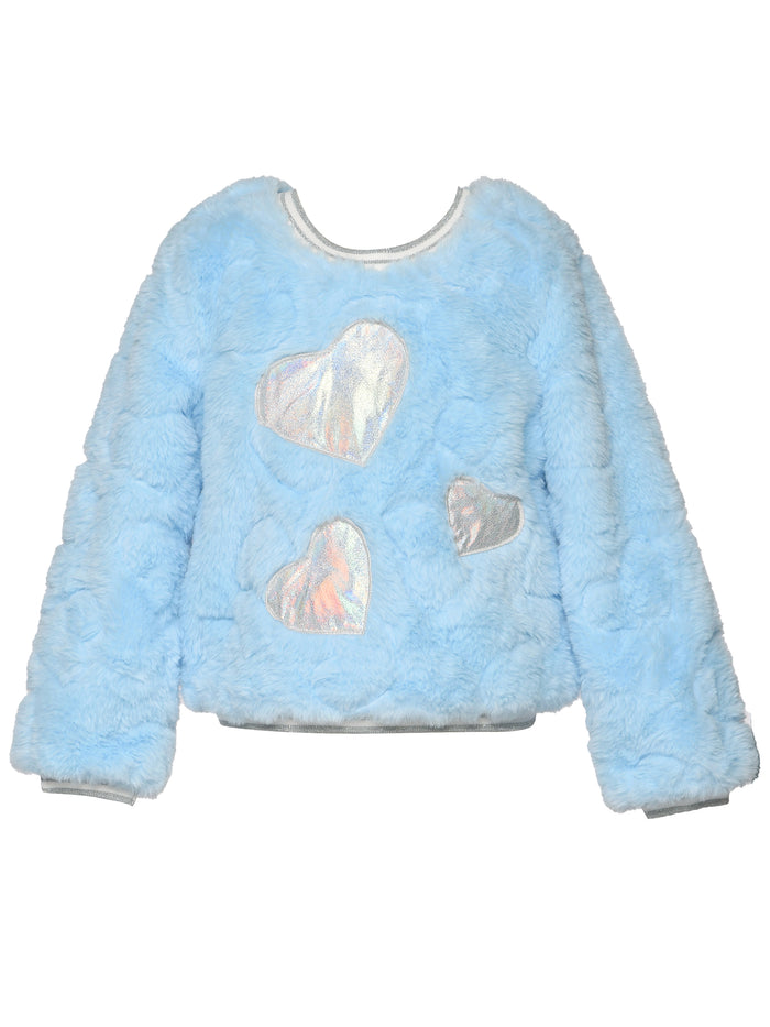 Baby Sara- Embossed Hearts & Heart Trim Faux Fur Pullover Baby Blue