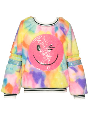 Baby Sara- Faux Fur Cloud Print W/ Sequin Happy Face Patch Sweatshirt