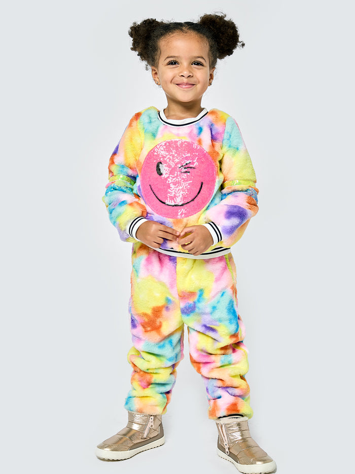 Baby Sara- Faux Fur Cloud Print W/ Sequin Happy Face Patch Sweatshirt