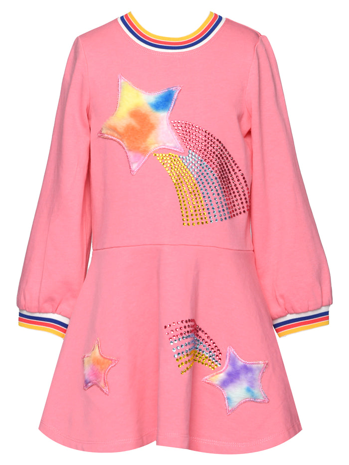 Baby Sara- Long Sleeve Dress Faux Fur Star Trim & Rainbow Rhinestones