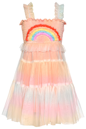 Baby Sara- Rainbow Mesh Tiered Dress with Rainbow Trim (Peach)