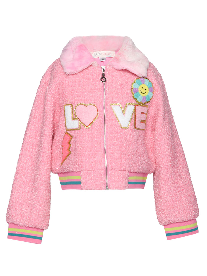Baby Sara- Tweed Bomber Jacket With Faux Fur Collar & Love Trim Detail