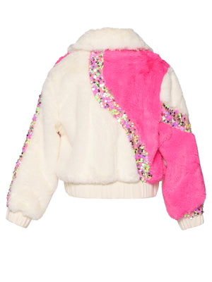 Baby Sara- 2-Tone Faux Fur Bomber Jacket W/ Sequin Detail