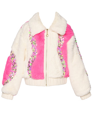 Baby Sara- 2-Tone Faux Fur Bomber Jacket W/ Sequin Detail