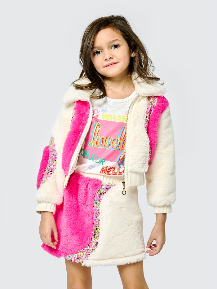 Baby Sara- 2-Tone Faux Fur Bomber Jacket W/ Sequin Detail