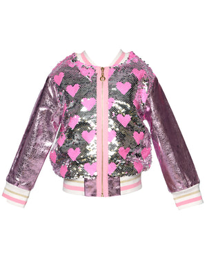 Baby Sara- Heart Sequin  Bomber Jacket W/ Metallic Faux Leather Contrast