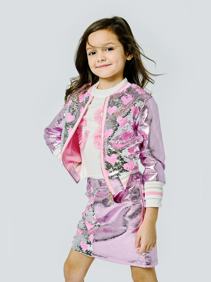 Baby Sara- Heart Sequin  Bomber Jacket W/ Metallic Faux Leather Contrast