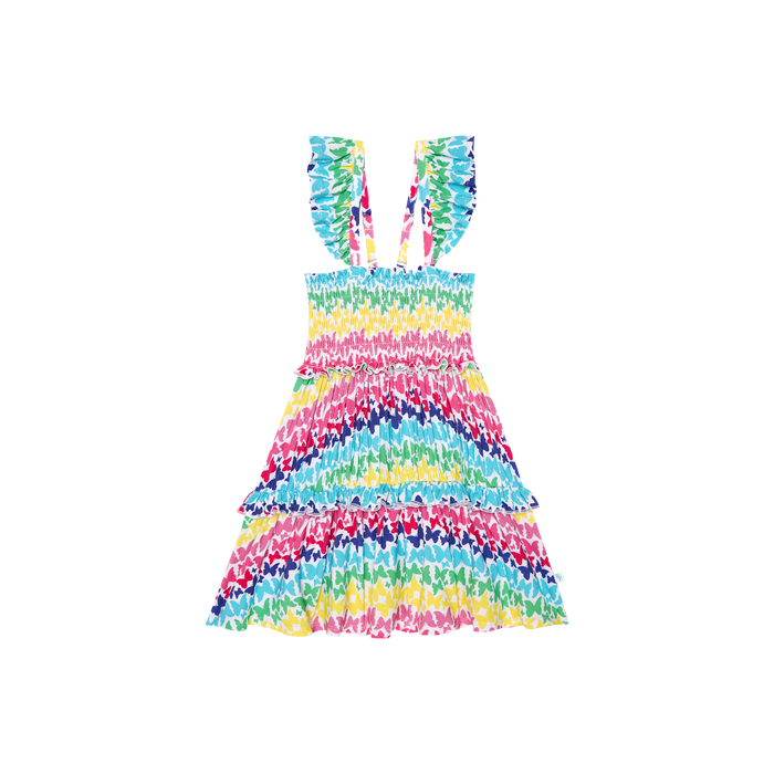 Posh Peanut- Rainbow Butterfly Smocked Flutter sleeve Babydoll Dress