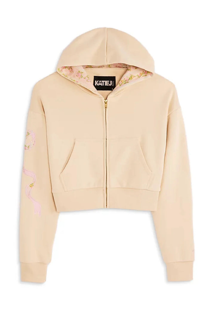 KATIEJ NYC- TWEEN DYLAN BOW APPLIQUE ZIP HOODIE (taupe/shabby floral)