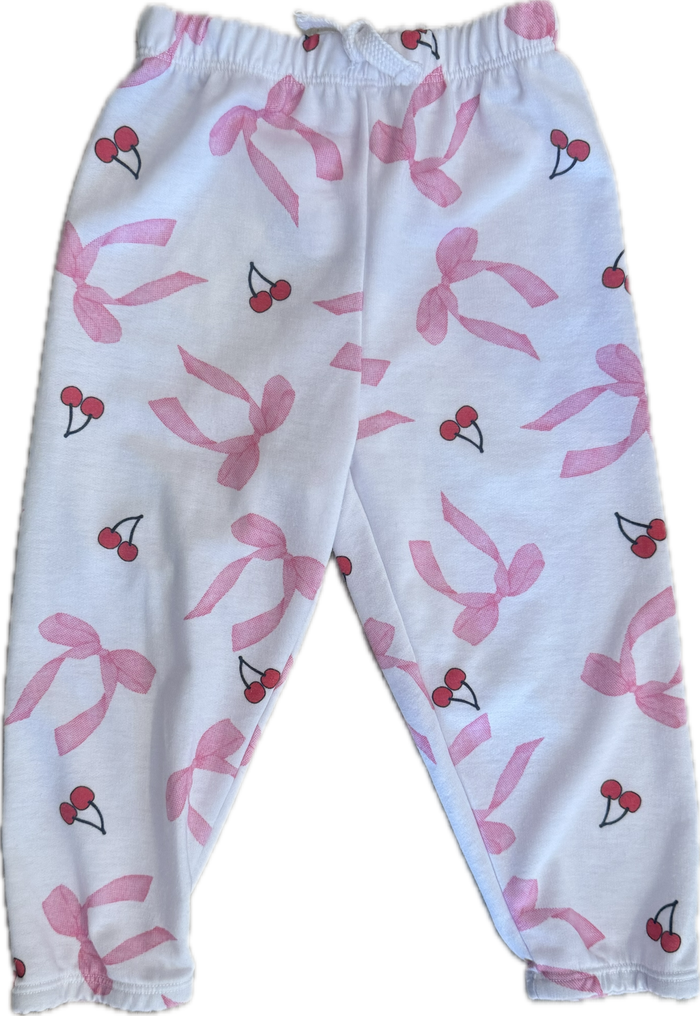 Cozii-  ATHLETIC PANT W/BK PKT BOWS & Cherries WHITE
