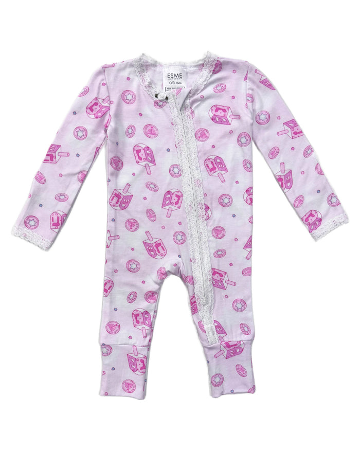 esme- Happy Hanukkah Pink Lace Trim Flip-Footie