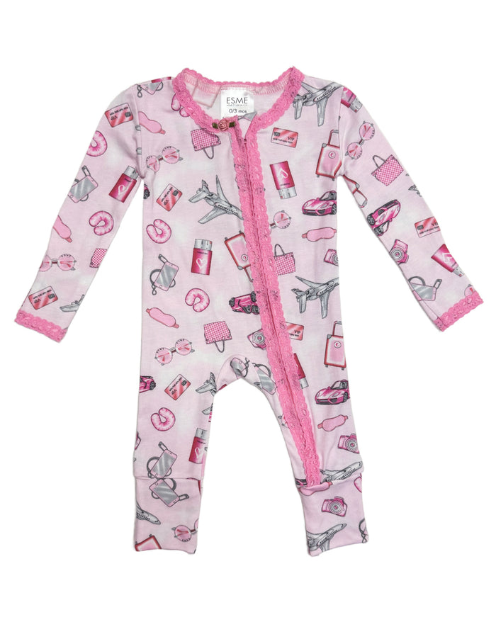 esme- Lace Trim Footie Pink Jet