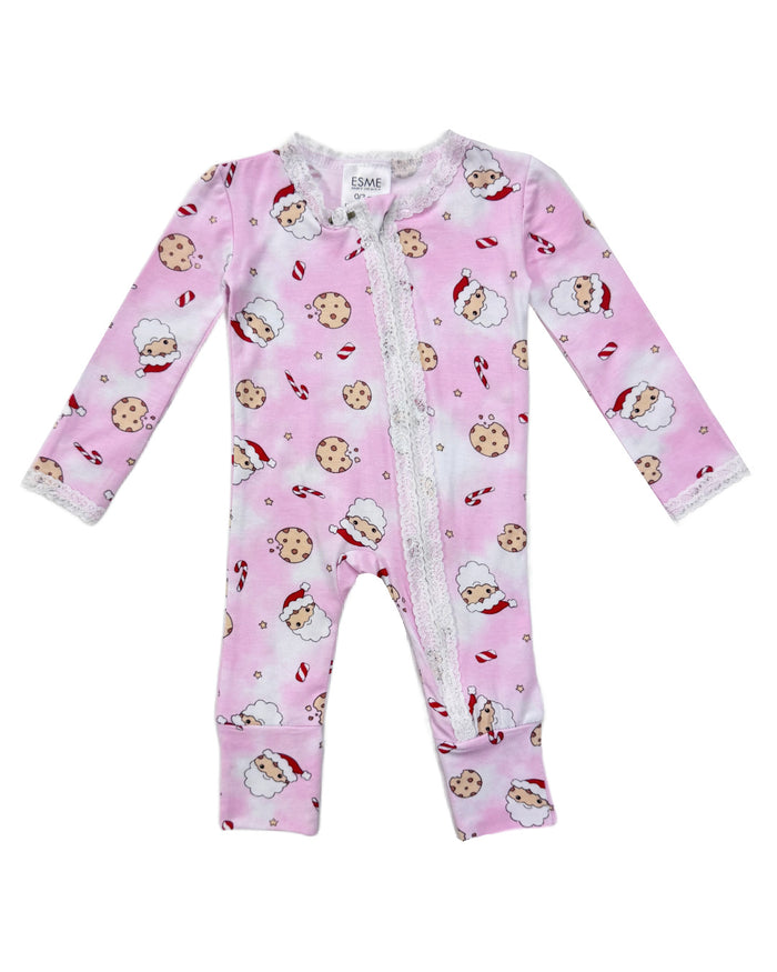esme- Santa Cookie Pink Lace Trim Flip-Footie