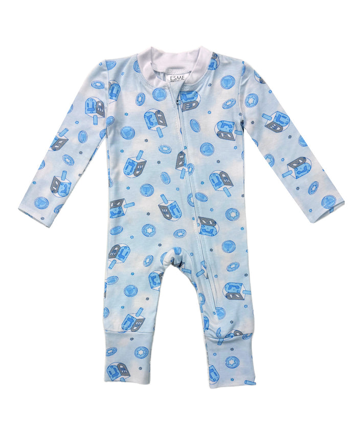 esme- Happy Hanukkah Blue Lace Trim Flip-Footie