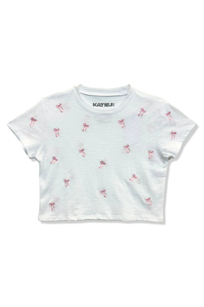 KATIEJ NYC- TWEEN FEARLESS EMBROIDERED BOWS CROP TEE (white)