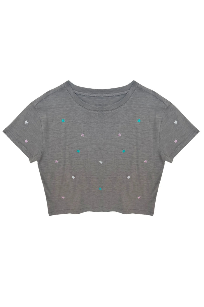 KATIEJ NYC- TWEEN FEARLESS EMBROIDERED STARS CROP TEE (grey)