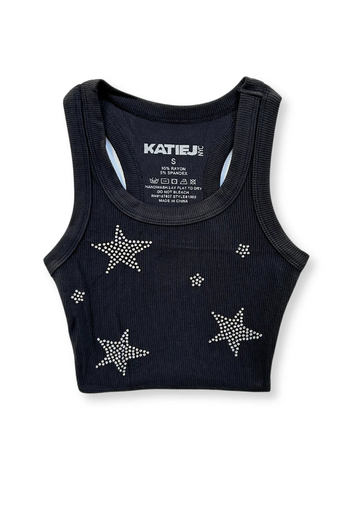 KATIEJ NYC- TWEEN LIVI RIBBED CROP TANK WITH STARS BLACK