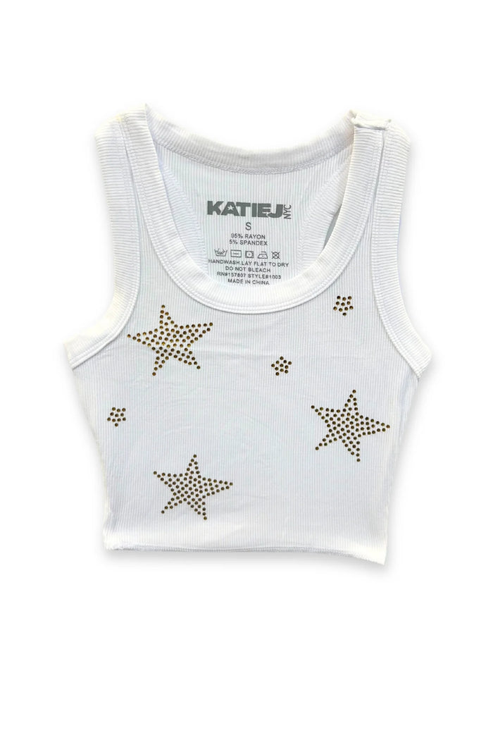 KATIEJ NYC- TWEEN LIVI RIBBED CROP TANK WITH STARS (white/gold stars)