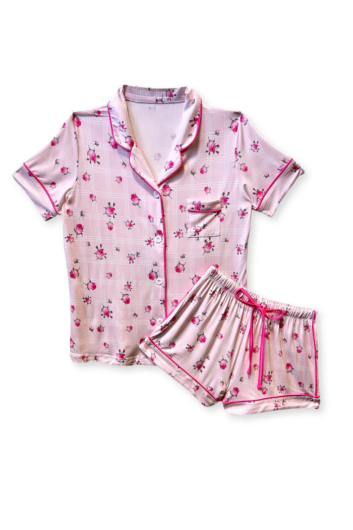 KATIEJ NYC- JUNIOR LYNN SHORTS LOUNGE SET (pink rosebud plaid)