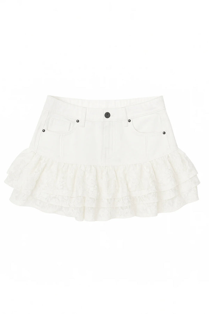 KATIEJ NYC- TWEEN MALAGA LACE RUFFLE DENIM SKIRT