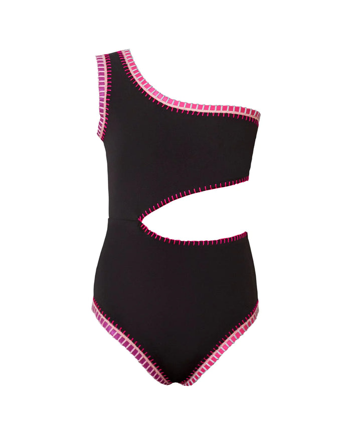 PQ Swim- Black Pier Rainbow Embroidered Cut Out One Piece