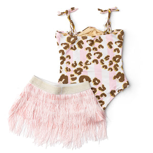 Shade Critters- Metallic Leopard Girls One Piece & Fringe Skirt Swim Set