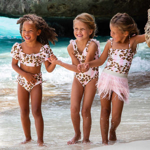 Shade Critters- Metallic Leopard Girls One Piece & Fringe Skirt Swim Set