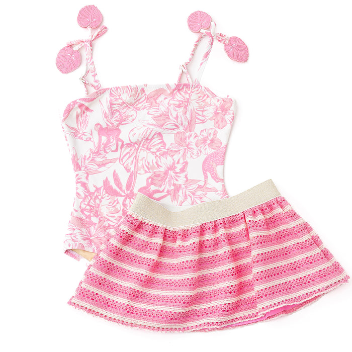 Shade Critters- Pink Floral Girls One Piece & Crochet Skirt Swim Set