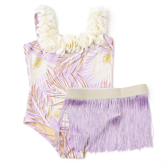 Shade Critters- Purple Palms One Piece & Fringe Skirt Swim Set