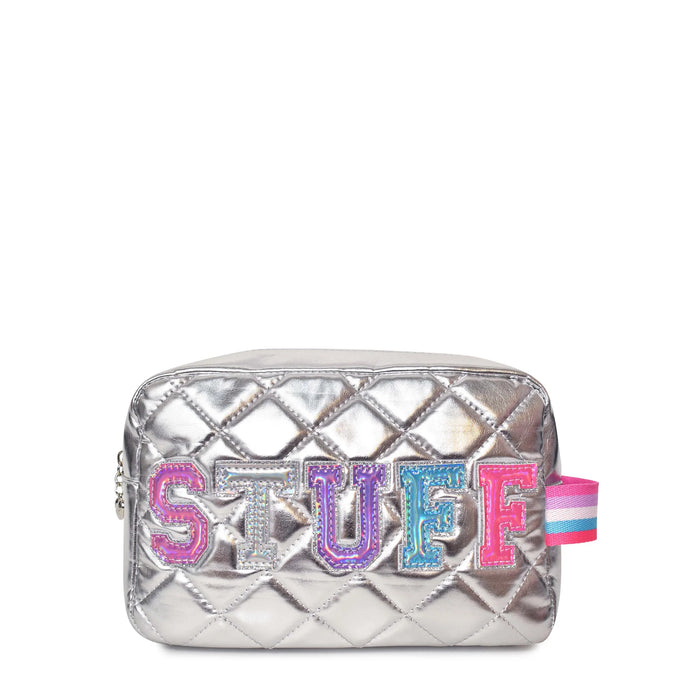 OMG Accessories- 'Stuff' Quilted Metallic Silver Pouch