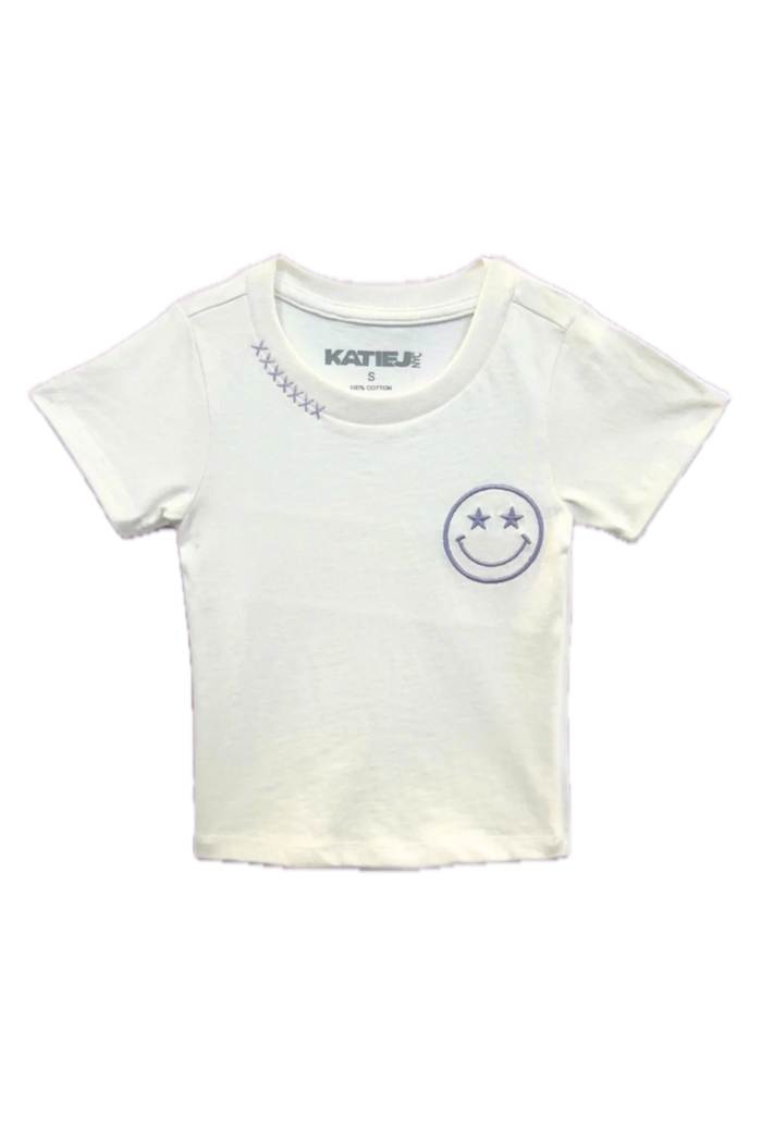 KATIEJ NYC- TWEEN SMILEY GRAPHIC “BABY” TEE VINTAGE WHITE & LILAC