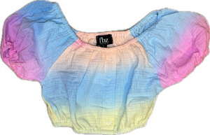 Flowers By Zoe- Puff Sleeve Cropped Blouse (ombre pastel)