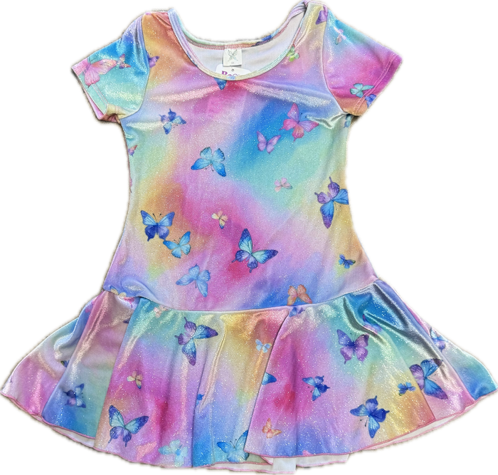 SOCIAL BUTTERFLY- Glitter Butterflies Short Sleeve Drop Waist Dress